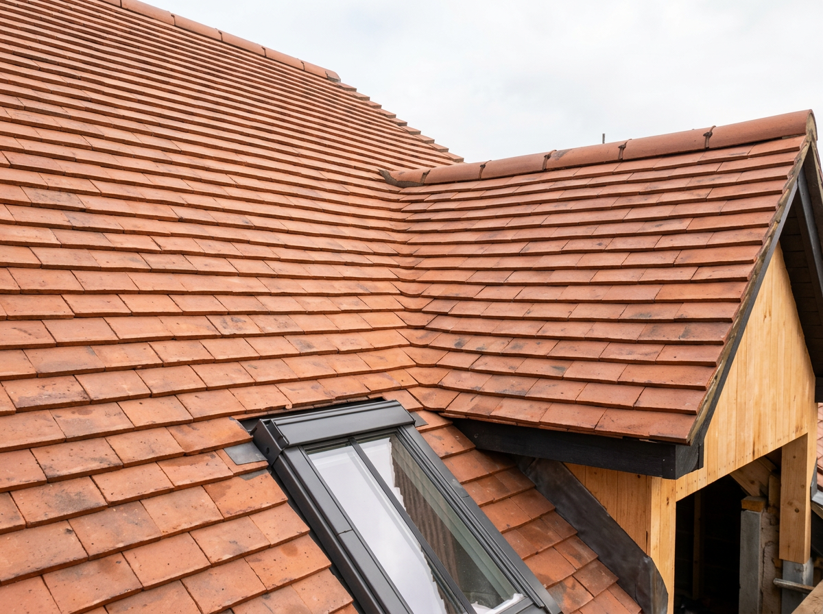 Handmade clay tile pitched roof with Velux window